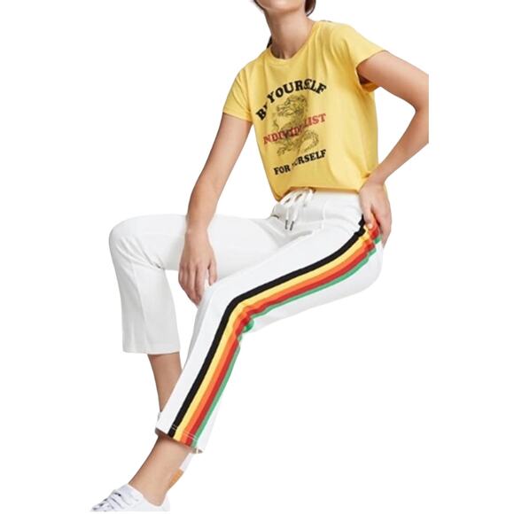 Pam & Gela Cropped Mid Rise White Track Pants Joggers Rainbow Stripes Small - Picture 3 of 14